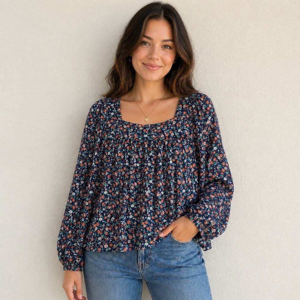 Lucky Brand Navy‎ Floral Square Neck Peasant Top Long Sleeve Blouse Large